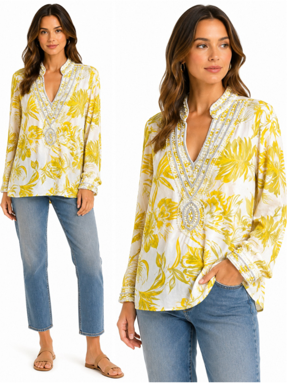 Women's Soft Surroundings Island Tunic XL White Yellow Beaded Floral